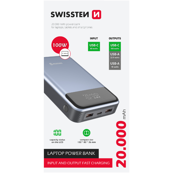 SWISSTEN PowerBank, 20000mAh, Power Delivery 100W, modrá