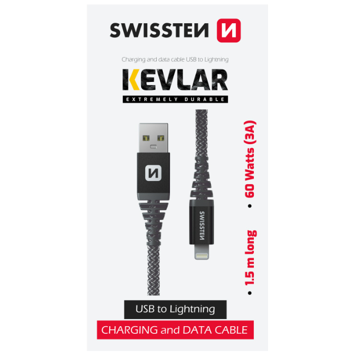 SWISSTEN Kevlar, USB-A na Lightning 8pin, 3A, 60W, 1.5m, čierny