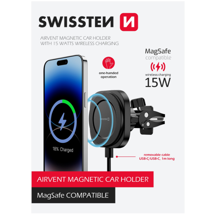SWISSTEN Magstick Compact, magnetický držiak, bezdrôtové nabíjanie 15W Magsafe, čierny