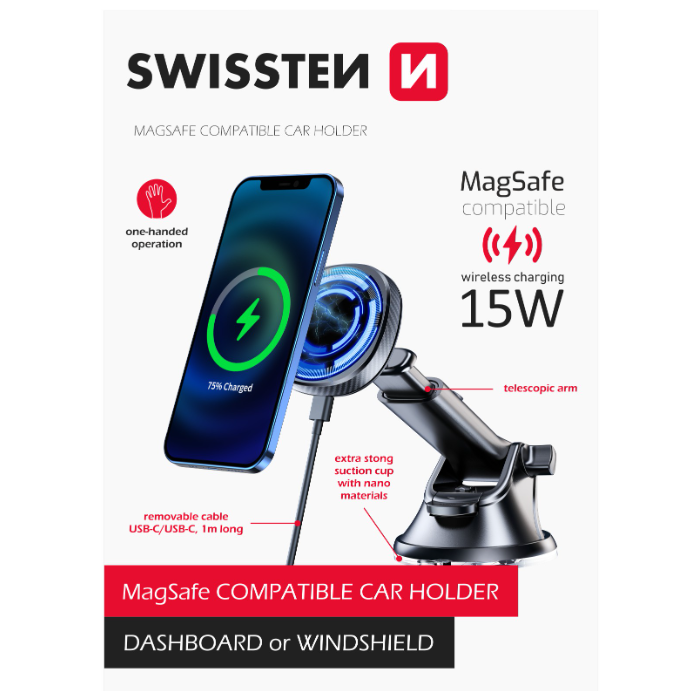 SWISSTEN Magnetic, magnetický držiak, bezdrôtové nabíjanie 15W Magsafe, čierny