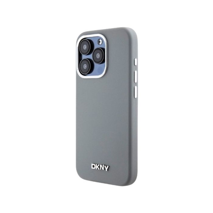 DKNY Liquid Silicone Silver Metal Logo MagSafe Apple iPhone 15 Pro DKHMP15LSMCHLG Grey