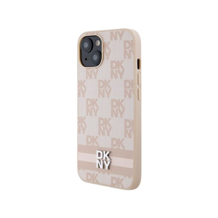 DKNY PU Leather Checkered Pattern and Stripe Apple iPhone 15 DKHCP15SPCPTSSP Pink
