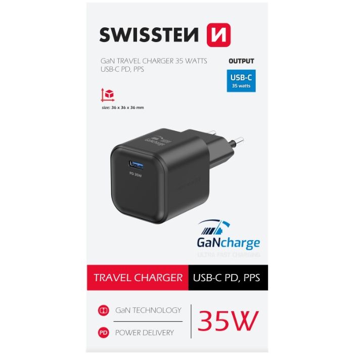 SWISSTEN GaN Travel Charger 1xUSB-C 35W PD čierna