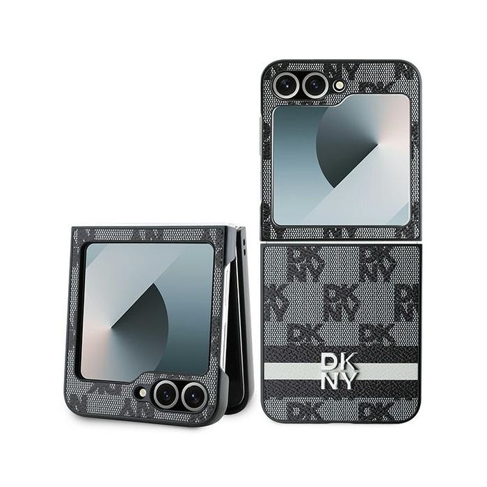 DKNY PU Leather Checkered Pattern and Stripe Zadní Kryt pro Samsung Galaxy Z Flip 6 Black