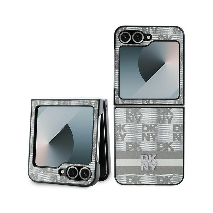 DKNY PU Leather Checkered Pattern and Stripe Zadní Kryt pro Samsung Galaxy Z Flip 6 Beige