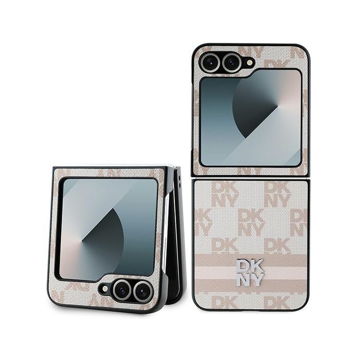 DKNY PU Leather Checkered Pattern and Stripe Zadní Kryt pro Samsung Galaxy Z Flip 6/7 FE Pink
