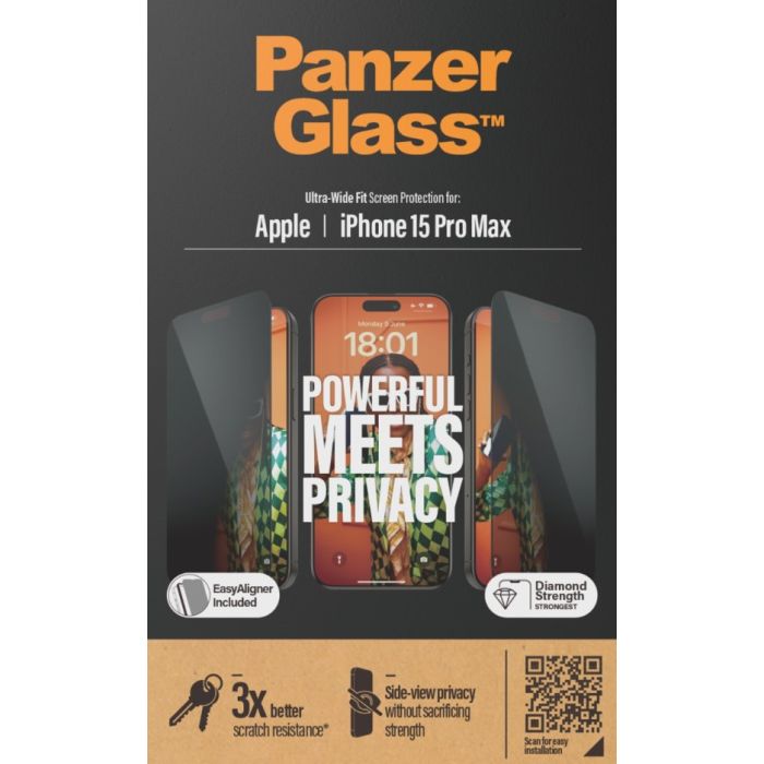 PanzerGlass - Tvrdené sklo UWF Privacy s aplikátorom pre Apple iPhone 15 Pro Max, čierna