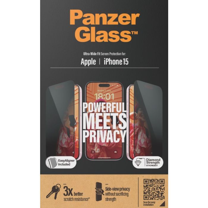 PanzerGlass - Tvrdené sklo UWF Privacy s aplikátorom pre Apple iPhone 15, čierna