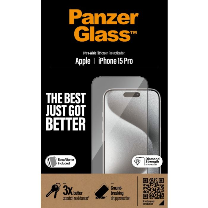 PanzerGlass - Tvrdené sklo UWF s aplikátorom pre Apple iPhone 15 Pro, čierna