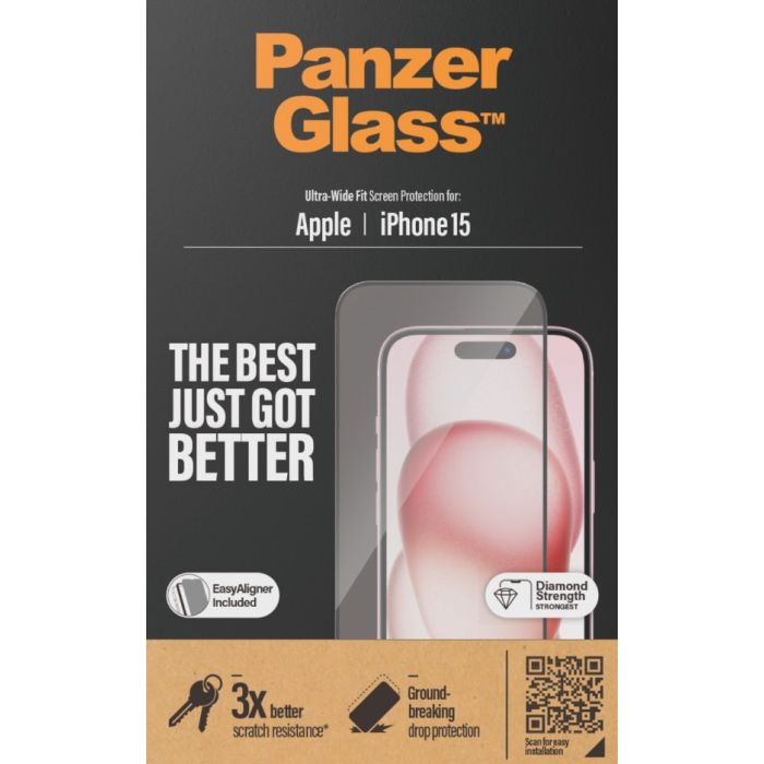 PanzerGlass - Tvrdené sklo UWF s aplikátorom pre Apple iPhone 15, čierna