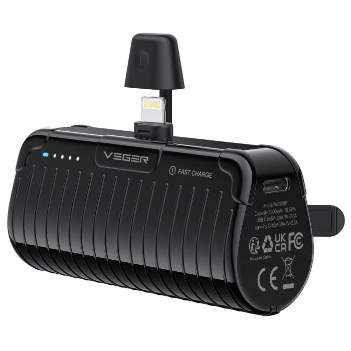 Veger PlugOn W0558P, 5000mAh rýchle nabíjanie, Lightning PD QC3.0 2.4A 20W,  čierna