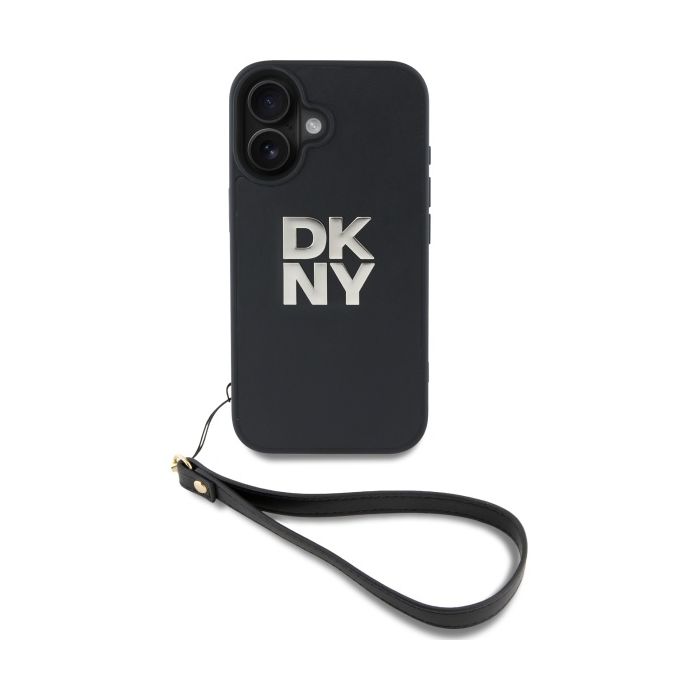 DKNY PU Leather Stack Logo Wrist Strap Zadní Kryt pro iPhone 16 Black