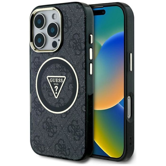 Obal Guess IML 4G Glitter and Triangle Logo MagSafe Apple iPhone 16 Pro Max GUHMP16XHG4PRTGK čierny