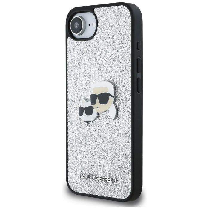 KARL LAGERFELD case for IPHONE 16e KLHCPSE4PFGKCPS (Fixed Glitter W/ Ikonik Metal Pin) silver