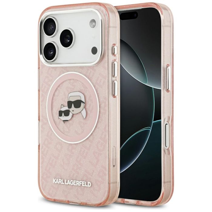 Karl Lagerfeld Magsafe IML glitter metal camera frame and buttons Karl and Choupette heads on KL repeated logo for iPhone 17 Pro pink