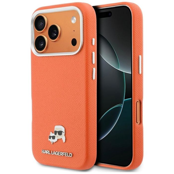 Obal Karl Lagerfeld PU Karl and Choupette Heads Pins MagSafe Apple iPhone 17 Pro Max KLHMP17X6PFKCLO oranžový