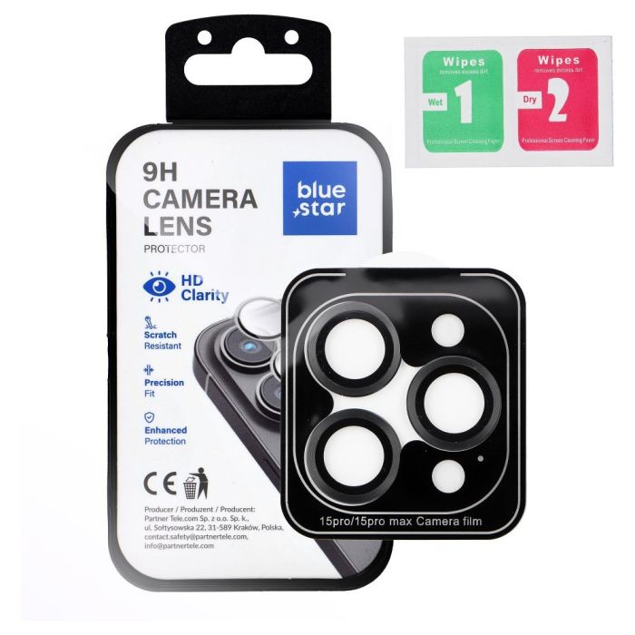 Ochranné sklo na fotoaparát Blue Star Camera Lens Protector Easy Install Apple iPhone 15 Pro/15 Pro Max čierne