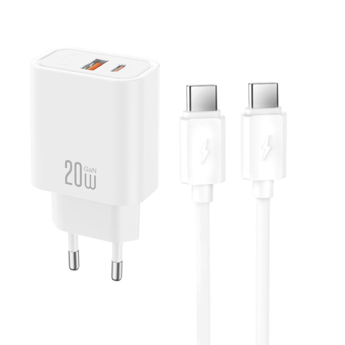 Nabíjačka XO CE40 PD 20W 1x USB-C 1x USB  Plus kábel USB-C - USB-C - biela