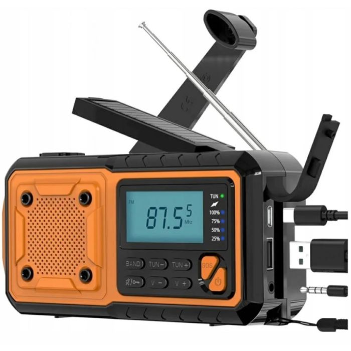 Núdzové rádio AM/FM IPX3 s ručnou kľukou, baterkou, powerbankou a solárnym panelom, žlté