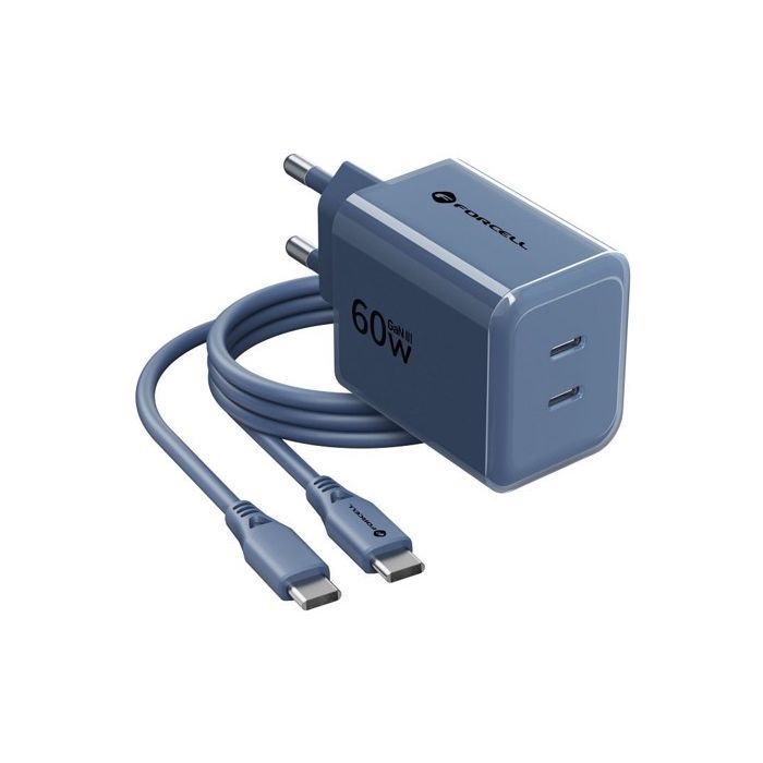 Forcell F-Energy GaN III Crystal Color VT-60, 2xUSB-C PD QC 4.0 60W + USB-C kábel, modrá