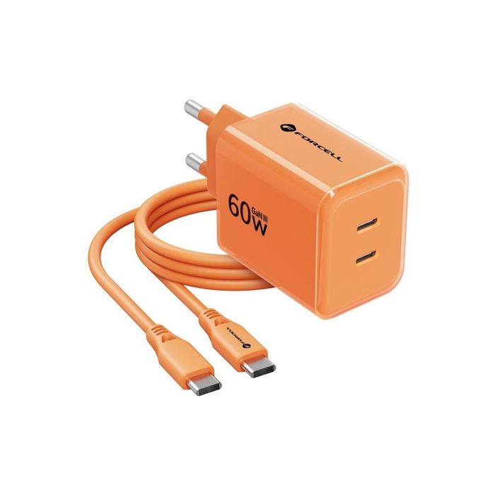 Forcell F-Energy GaN III Crystal Color VT-60, 2xUSB-C PD QC 4.0 60W + USB-C kábel, oranžová