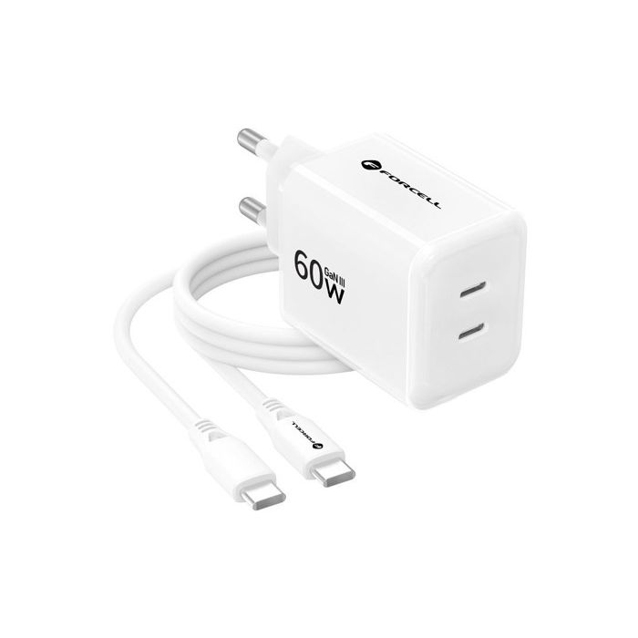 Forcell F-Energy GaN III Crystal Color VT-60, 2xUSB-C PD QC 4.0 60W + USB-C kábel, biela