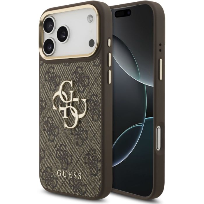Obal Guess PU Leather 4G Metal Logo Gold Frame Apple iPhone 18 Pro Max GUHCP18X4GMGCBR hnedý