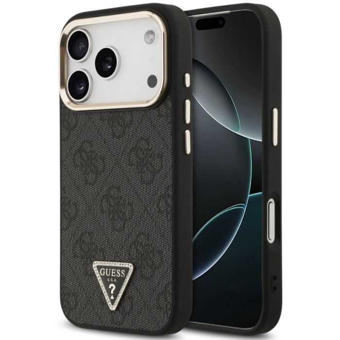 Obal Guess PU Leather 4G Strass Triangle Logo Gold Frame MagSafe Apple iPhone 18 Pro Max GUHMP18XP4GTDGMK čierny