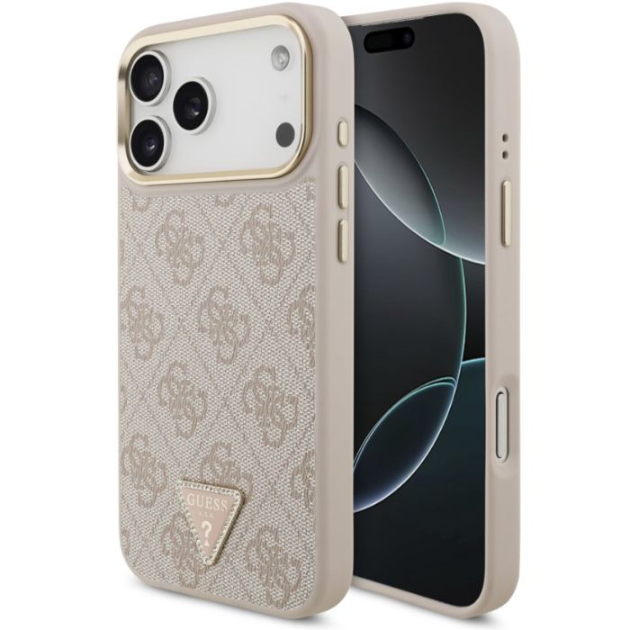 Obal Guess PU Leather 4G Strass Triangle Logo Gold Frame MagSafe Apple iPhone 18 Pro GUHMP18LP4GTDGMP ružový