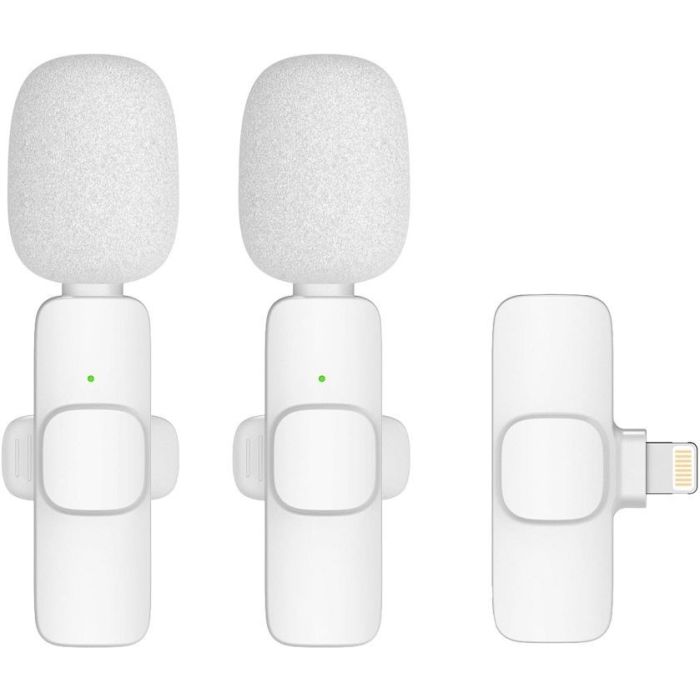 K9 bezdrôtová sada Lavalier mikrofónov pre smartfón, Lightning (2 v sete), biela + clona proti vetru