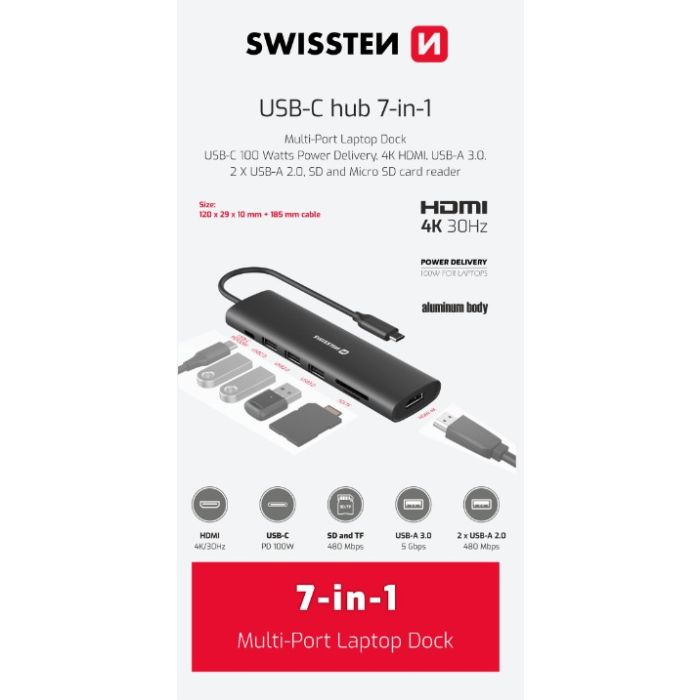 SWISSTEN USB-C HUB 7-IN-1 USB-C 100W, HDMI 4K, 1x USB-A 3.0, 2x USB-A 2.0, SD, MICRO SD ALUMINIUM