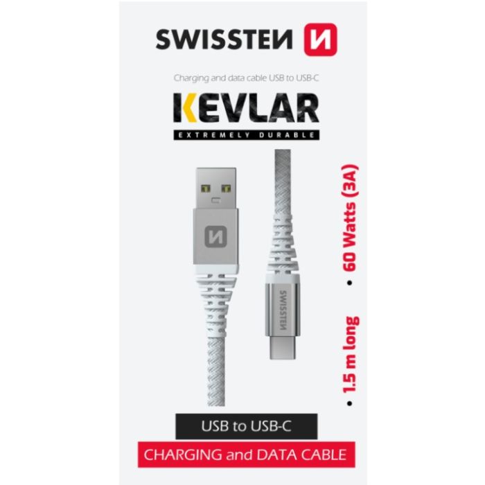 SWISSTEN KEVLAR USB-A/USB-C 3A 60W 1,5m biely