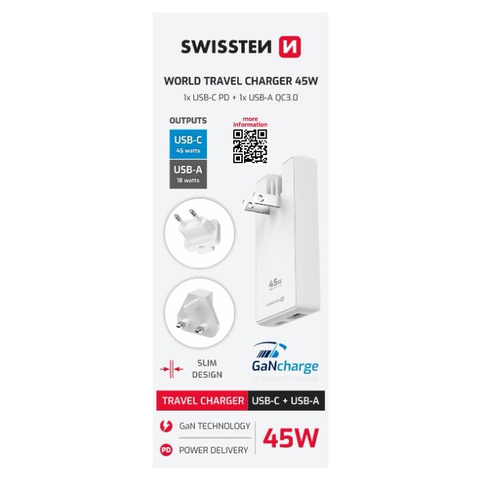 SWISSTEN Univerzálny Adaptér GaN 45W ,USB-C,USB-A , výmenná vidlica (US, EU, UK), biely