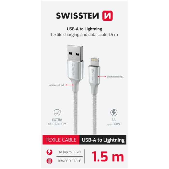SWISSTEN TEXTILE II USB-A/Lightning 30W 3A 1,5m biely