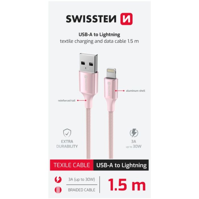 SWISSTEN TEXTILE II USB-A/Lightning 30W 3A 1,5m ružový