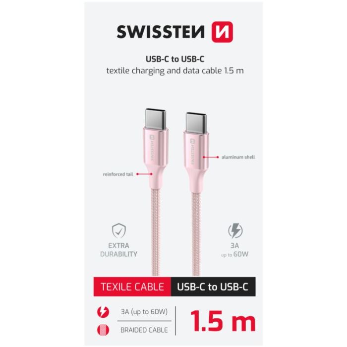 SWISSTEN TEXTILE II USB-C/USB-C 60W 3A 1,5m ružový