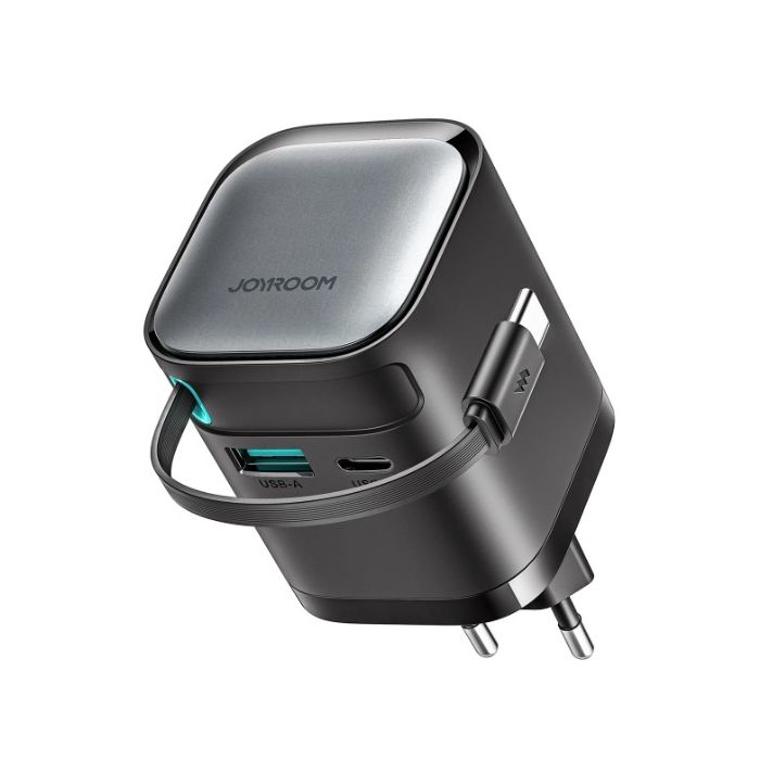 Joyroom GaN JR-TCL02, 65W USB-A/USB-C, vstavaný kábel USB-C, čierna