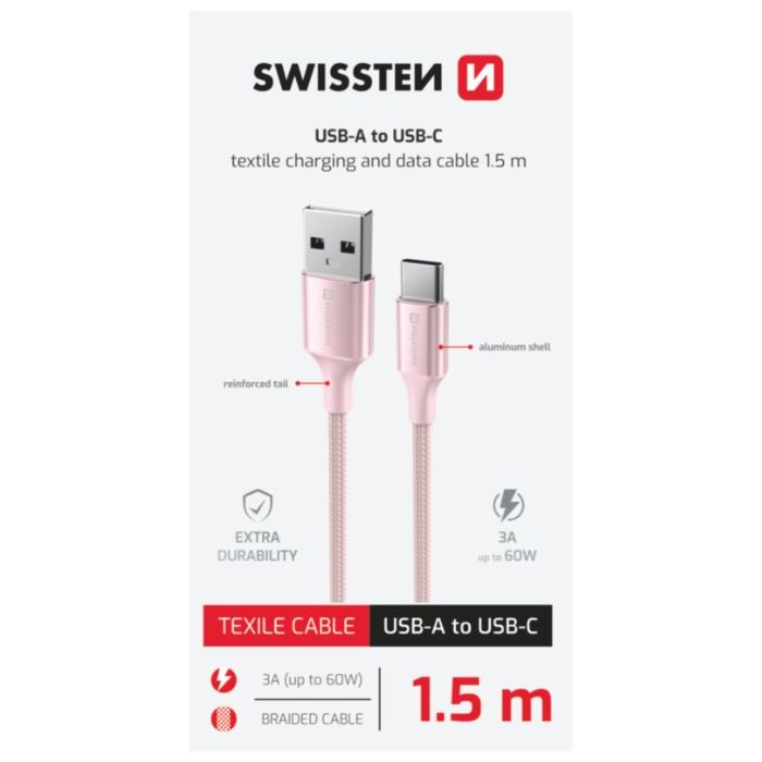 SWISSTEN TEXTILE II USB-A/USB-C 60W 3A 1,5m ružový