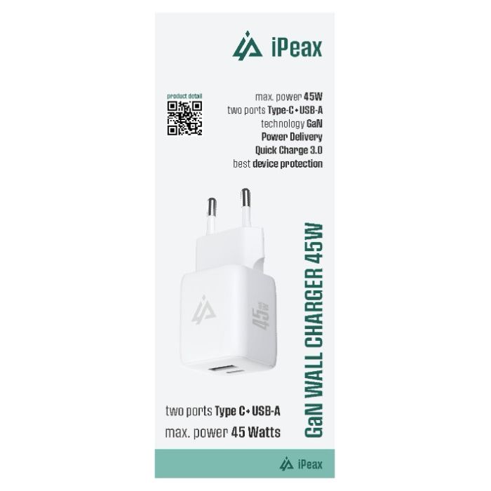 iPEAX GaN sieťová nabíjačka 45W, USB-C 45W + USB-A 18W, biela
