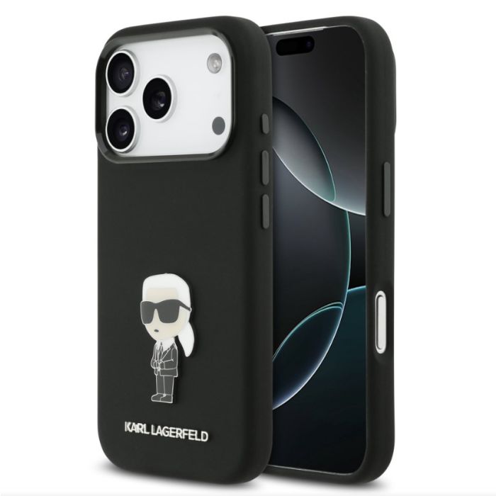 Obal Karl Lagerfeld Liquid Silicone Metal Ikonik Apple iPhone 17 Pro KLHCP17LSMHKNPK čierny