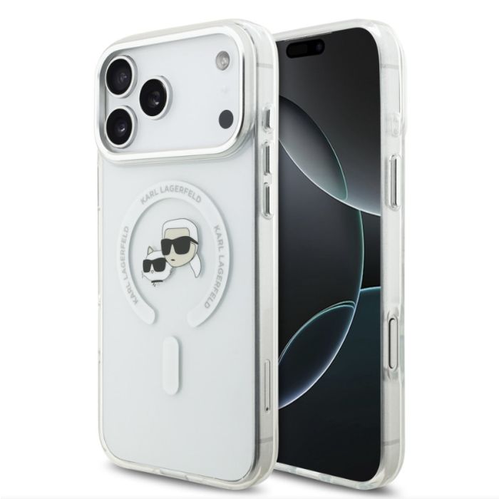 Obal Karl Lagerfeld IML K&CH Heads Metal Frame MagSafe Apple iPhone 17 Pro KLHMP17LHLSKCH transparentný