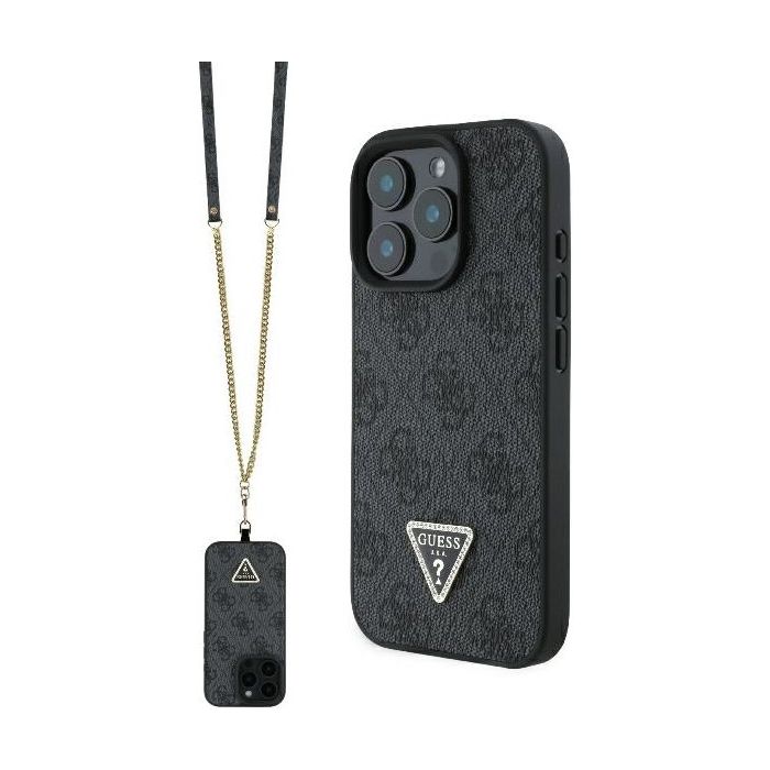 Obal Guess PU 4G Strass Triangle Metal Logo + Crossbody Apple iPhone 16 Pro Max GUHCP16XP4TDSCPK Black