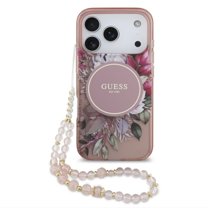 Obal Guess IML Flowers Strap MagSafe Apple iPhone 17 Pro GUHMP17LHFWBRCESP ružový