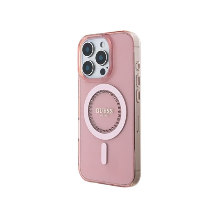 Obal Guess IML Rhinestones Ring MagSafe Apple iPhone 16 Pro GUHMP16LPFTDTEP Pink