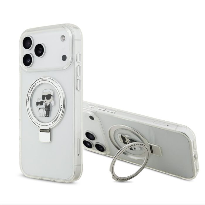 Obal Karl Lagerfeld Ringstand Karl and Choupette MagSafe Apple iPhone 17 Pro Max KLHMP17XHMRSKCH biely