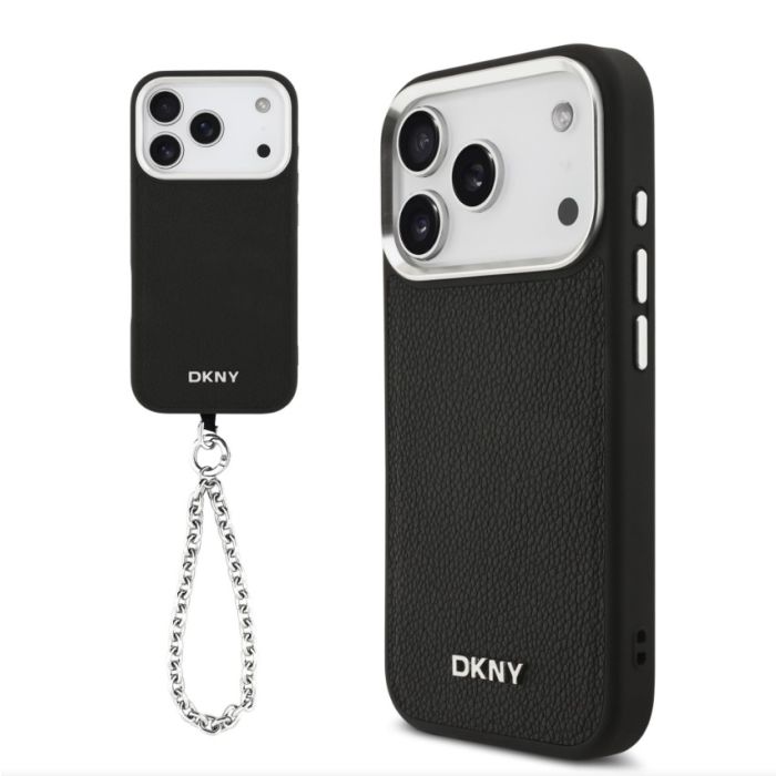 Obal DKNY PU Leather Metal Logo Wrist Chain MagSafe Apple iPhone 17 Pro DKHMP17LPDHWSK čierny