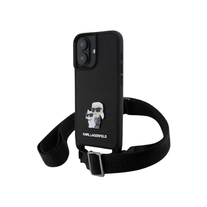 Obal Karl Lagerfeld Saffiano Crossbody Metal Karl and Choupette Apple iPhone 16 Plus KLHCP16MSAKCPBK Black
