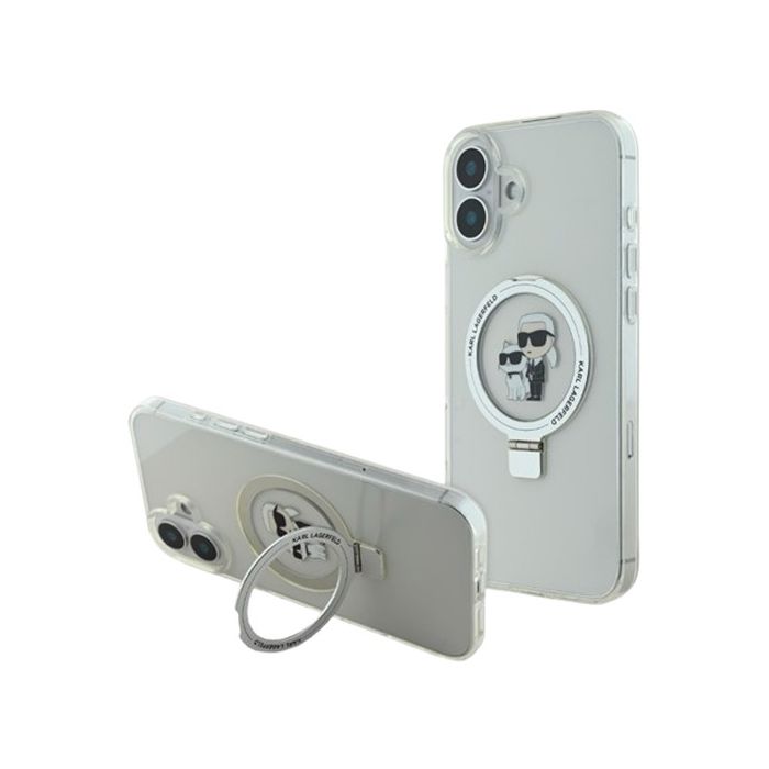 Obal Karl Lagerfeld Ringstand Karl and Choupette MagSafe Apple iPhone 16 KLHMP16SHMRSKCH White
