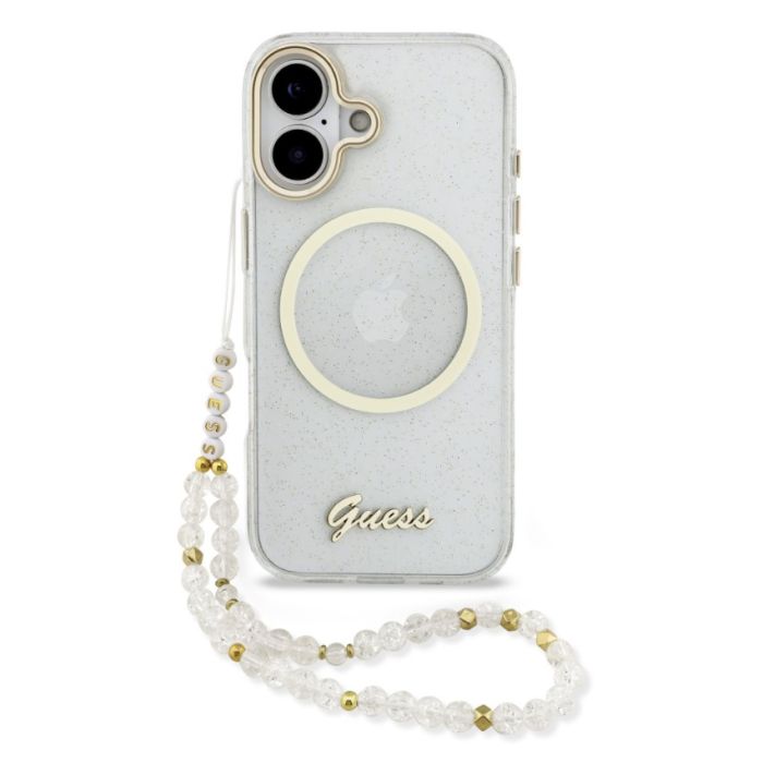 Obal Guess IML Glitter Script Strap MagSafe Apple iPhone 17 GUHMP17S5HTGSMSH transparentný