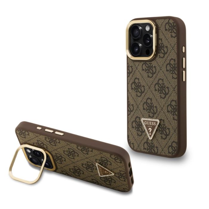 Obal Guess PU 4G Strass Triangle Logo Stand Camera Frame MagSafe Apple iPhone 16 Pro GUHMP16LPCS4GPTW hnedý